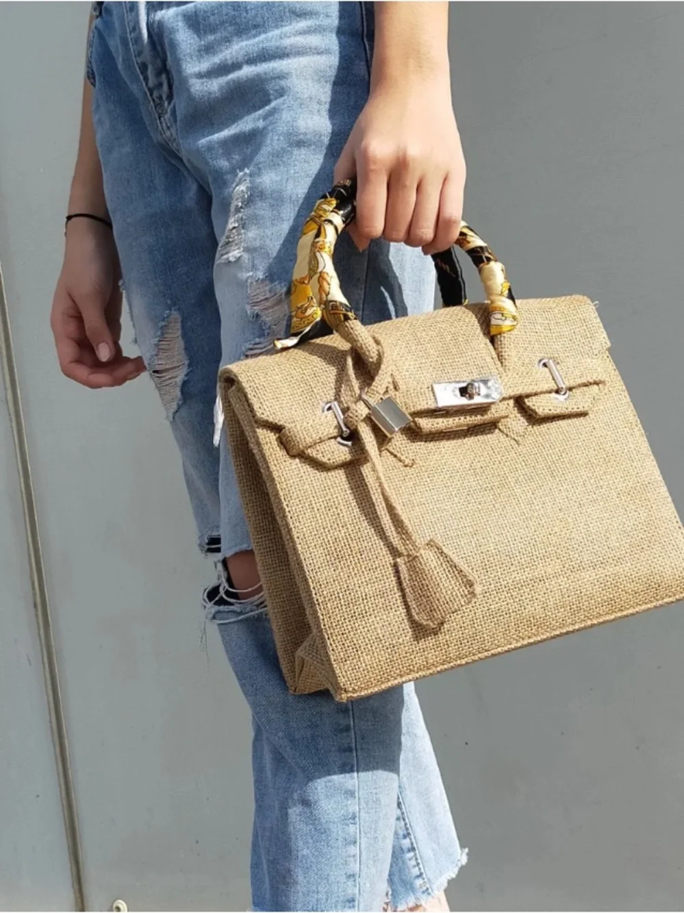 Birkin Style 25 Satchel Double Handle Bag - Natural Jute/Burlap - 25cm - Picture 1 of 7